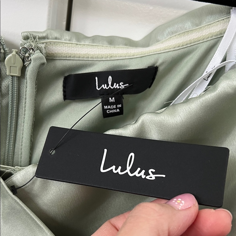 Lulu's Sage Green Off-Shoulder Asymmetrical Satin Dress - Picture 2 of 5